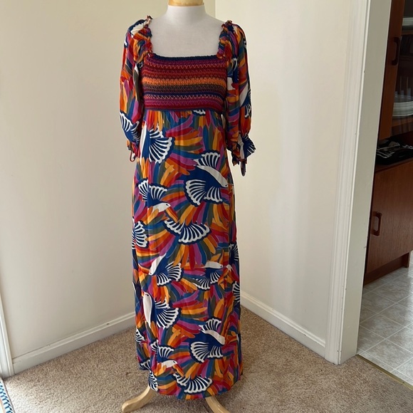 Farm rio medium shirred smocked macaws midi dress with beaded sleeve ties.
